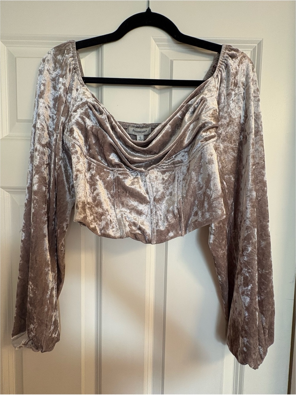 Francesca's Collections Shimmer Taupe Velvet Draped Crop Top